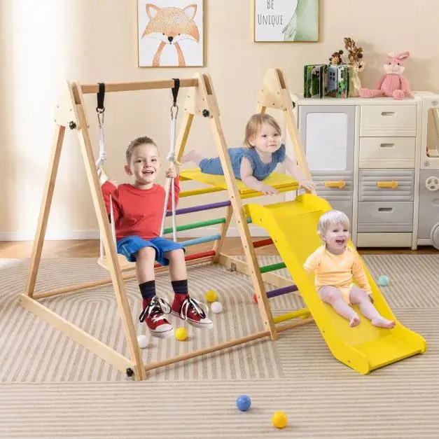 3-in-1 Wooden Montessori Climber: Slide, Swing & Ladder Combo | COSTWAY