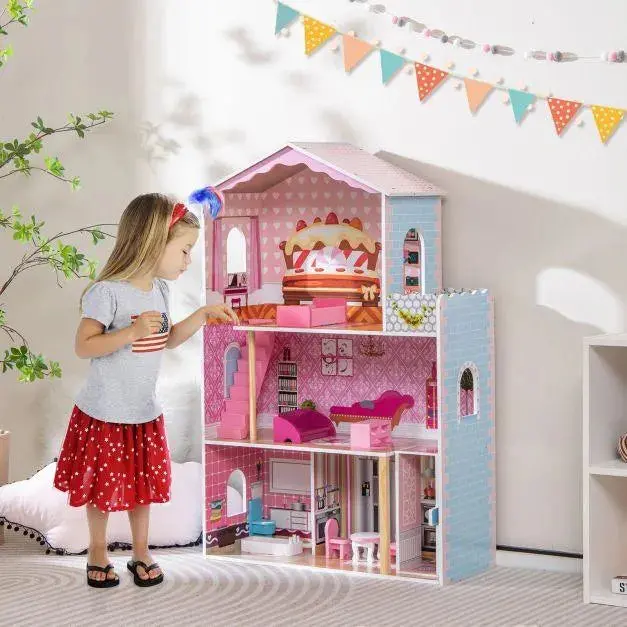 3-Level Wooden Dollhouse – Elevator, Balcony, and Interchangeable Furniture Across Four Rooms
