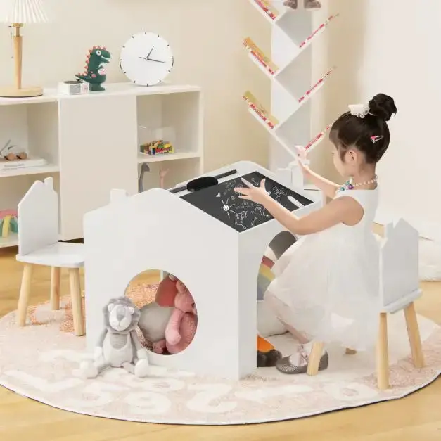 3-Piece Kids Activity Table and Chair Set – White & Natural Wood with Chalkboard Surface