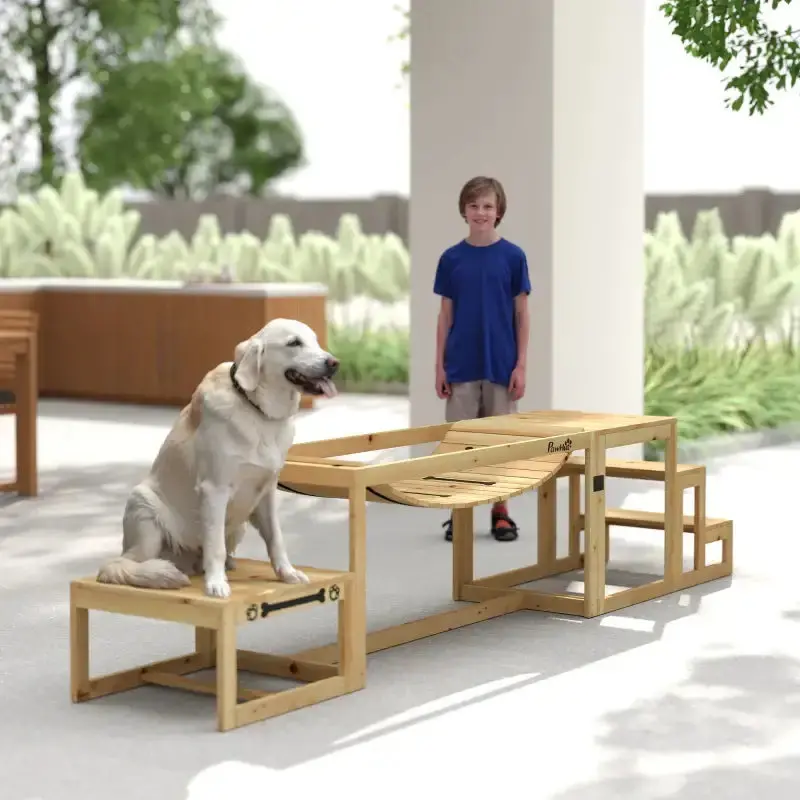 3-Piece Wooden Dog Agility Set | Soft Bridge, Pause Platform & Stairs for Dogs up to 40kg | PAWHUT