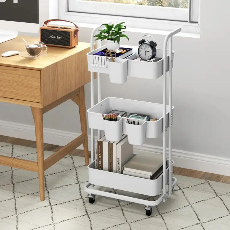 3-Tier Rolling Utility Cart – White Metal Folding Storage Trolley with Hooks and Smooth-Castor Wheels by COSTWAY