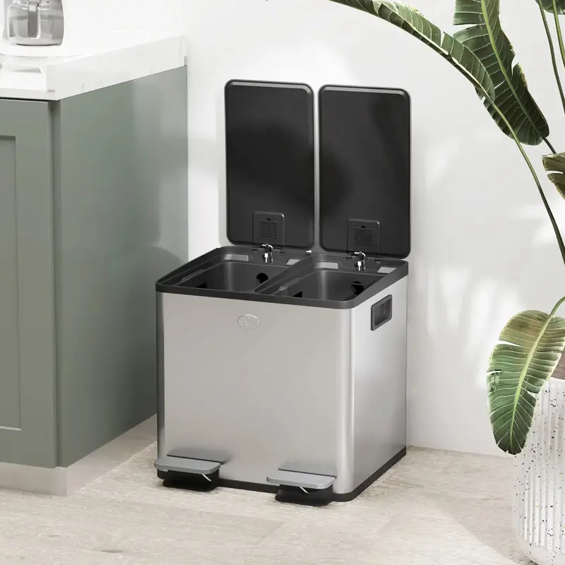 30L Stainless Steel Double Pedal Bin – Dual Compartment Kitchen Waste Bin with Soft-Close Lids by HOMCOM