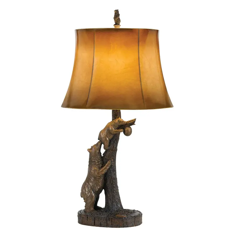 31-Inch Bronze Bear-Themed Table Lamp with Brown Faux Leather Shade