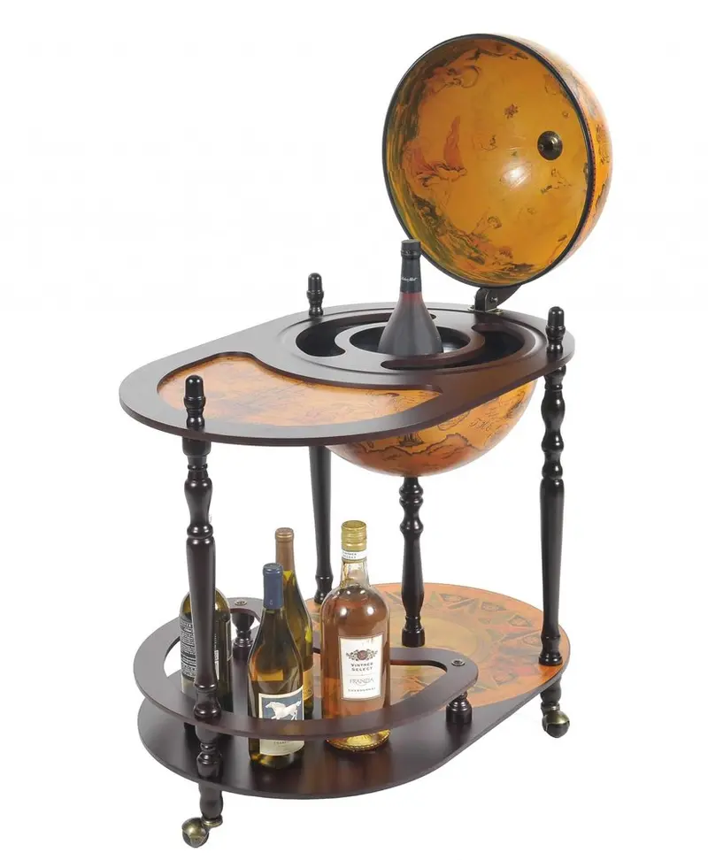 32-Inch Brown Solid Wood Rolling Bar Cart with Built-In Wine Rack
