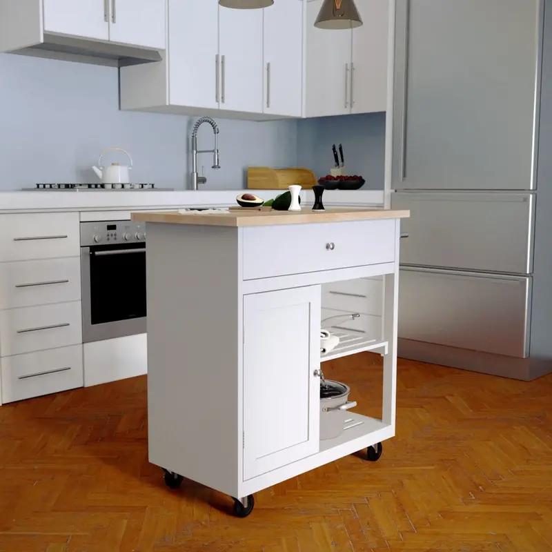 35-Inch Gray and Natural Wood Rolling Kitchen Island with Adjustable Shelf and Casters
