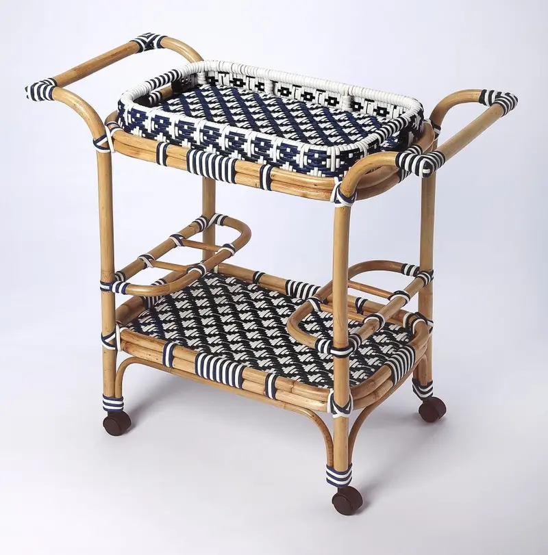 35-Inch Navy, White, and Natural Rattan-Style Rolling Bar Cart