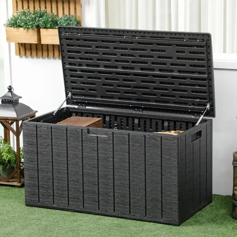 366-Litre Black Double-Wall Plastic Outdoor Storage Box – Hydraulic Lid Design for Easy Access by OUTSUNNY