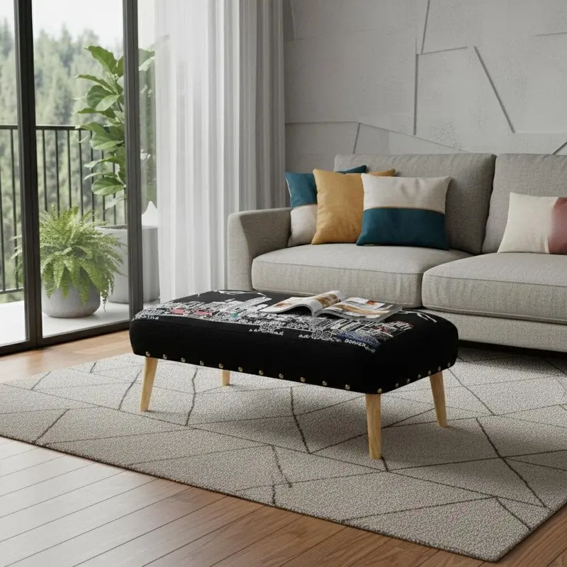 38-Inch Gray Wool-Upholstered Ottoman with Brown Trim