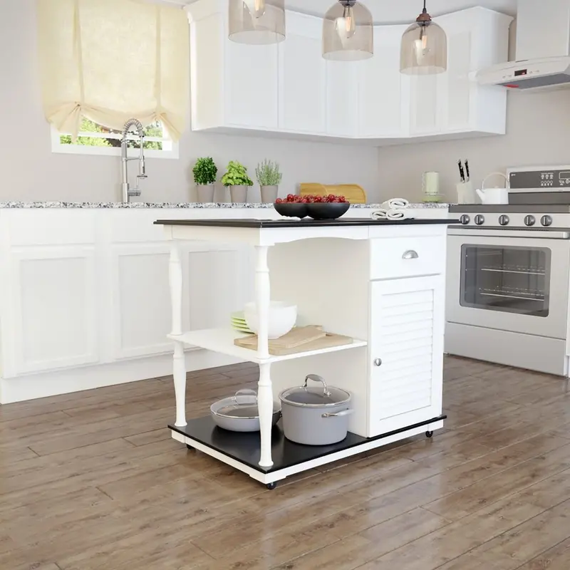 39-Inch Black-and-White Two-Tone Rolling Kitchen Island with Stainless Steel Trim