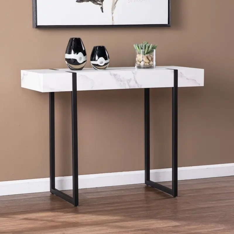 39-Inch White-and-Black Faux Marble Sled-Style Console Table