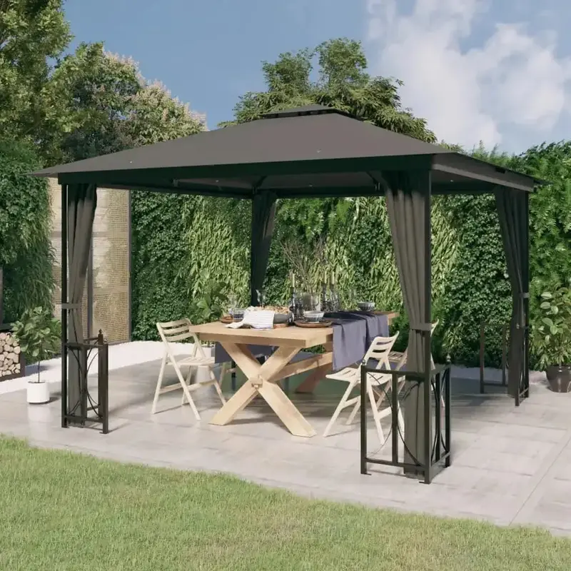 3x3m Anthracite Gazebo with Dual Roof Layers and Full-Side Enclosure