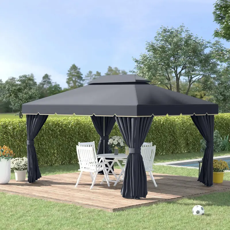 3x4m Black Aluminium Garden Pavilion – Fully Enclosed Gazebo with Mosquito Nets & Privacy Curtains