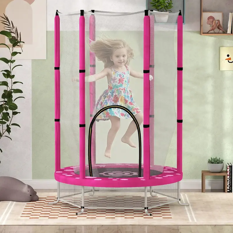 4.6ft Pink Kids Trampoline with Safety Enclosure and Floor Protection – AIYAPLAY