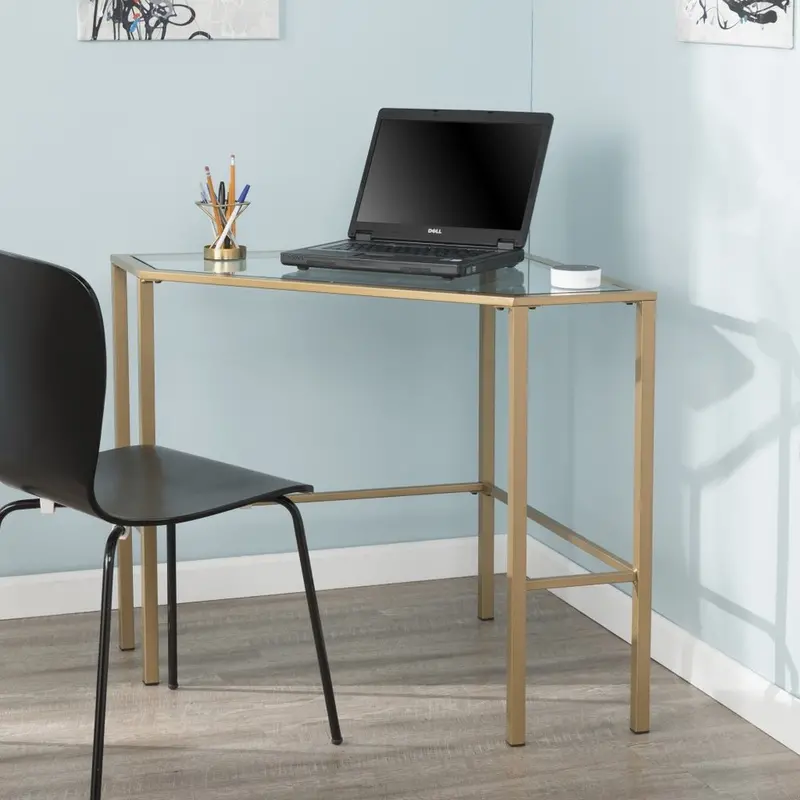 42-Inch Clear Glass & Gold Iron Corner Writing Desk