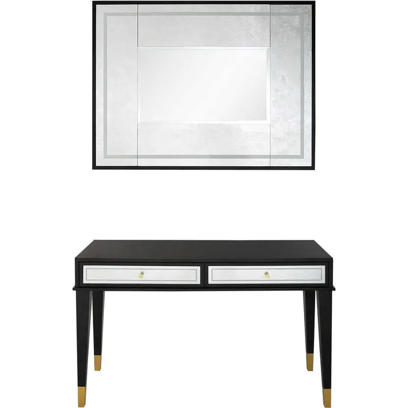 47-Inch Black and Silver Mirrored Console Table – Dual-Drawer Glass & Wood Design