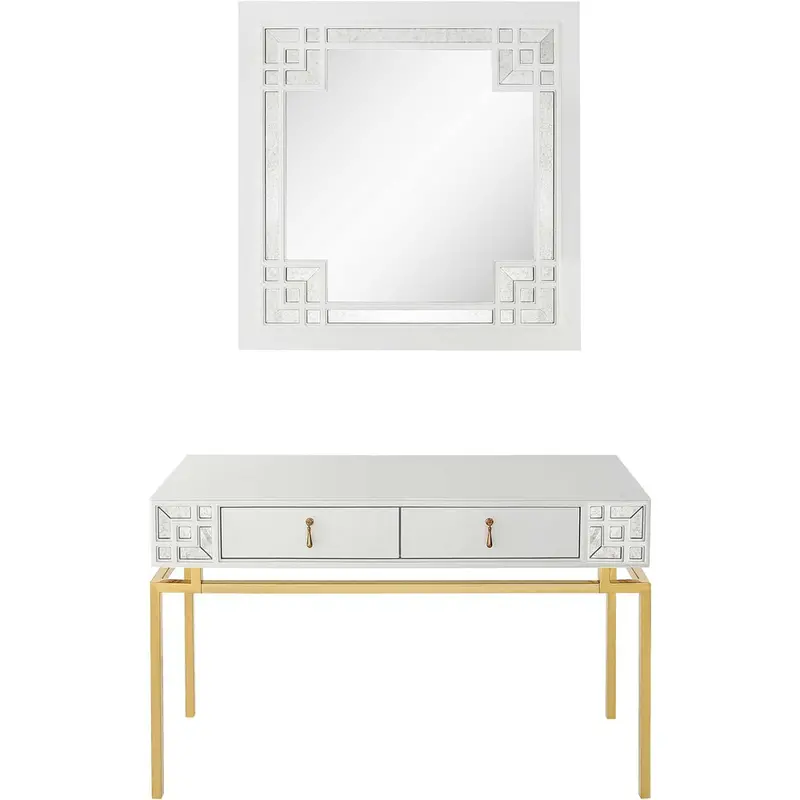 47-Inch White and Gold Mirrored Console Table – Elegant Two-Drawer Accent Piece