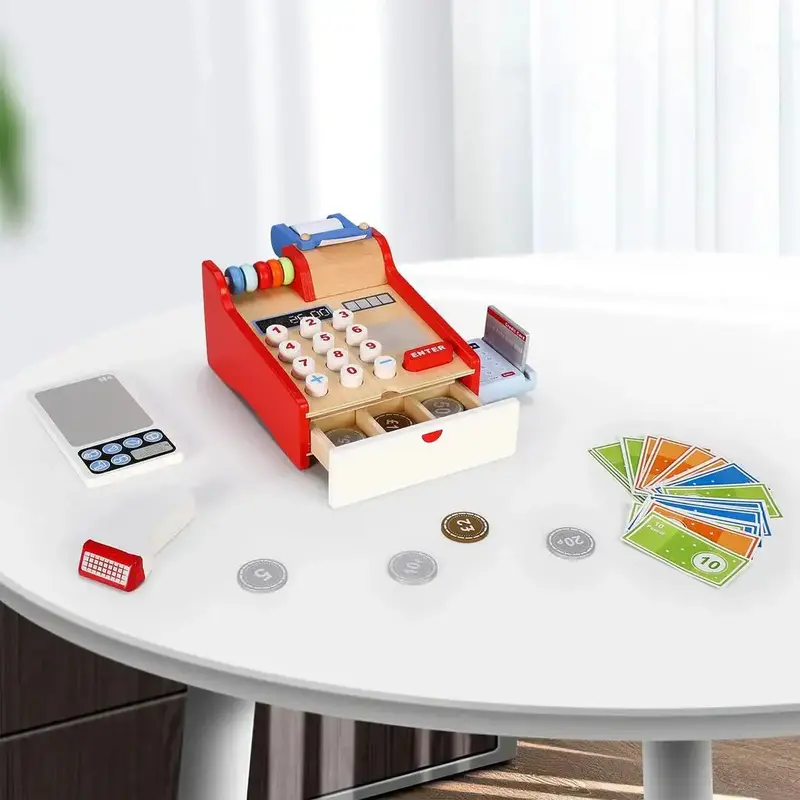 47-Piece Wooden Shop Cash Register – Comprehensive Pretend Play Grocery or Toy Store Set