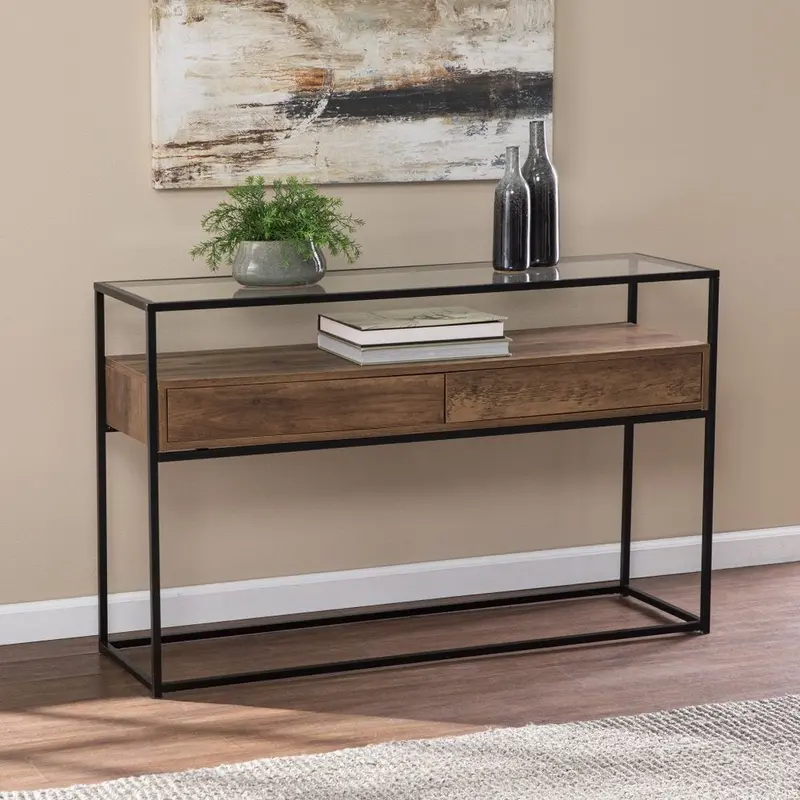 48″ Clear Glass and Black Metal Console Table with Built-In Storage