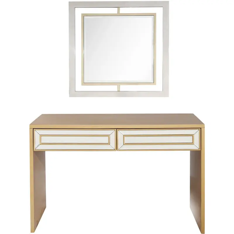 48-Inch Gold-and-Silver Mirrored Wood-and-Glass Console Table with Two Drawers