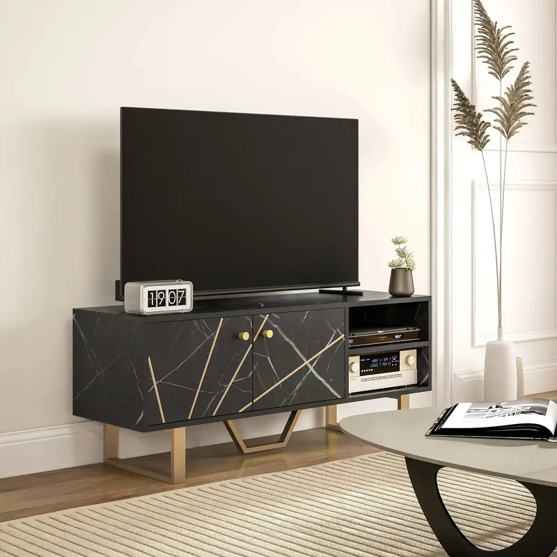 50-Inch Black TV Console – Compact Media Unit with Marble-Finish Surface & Storage by HOMCOM