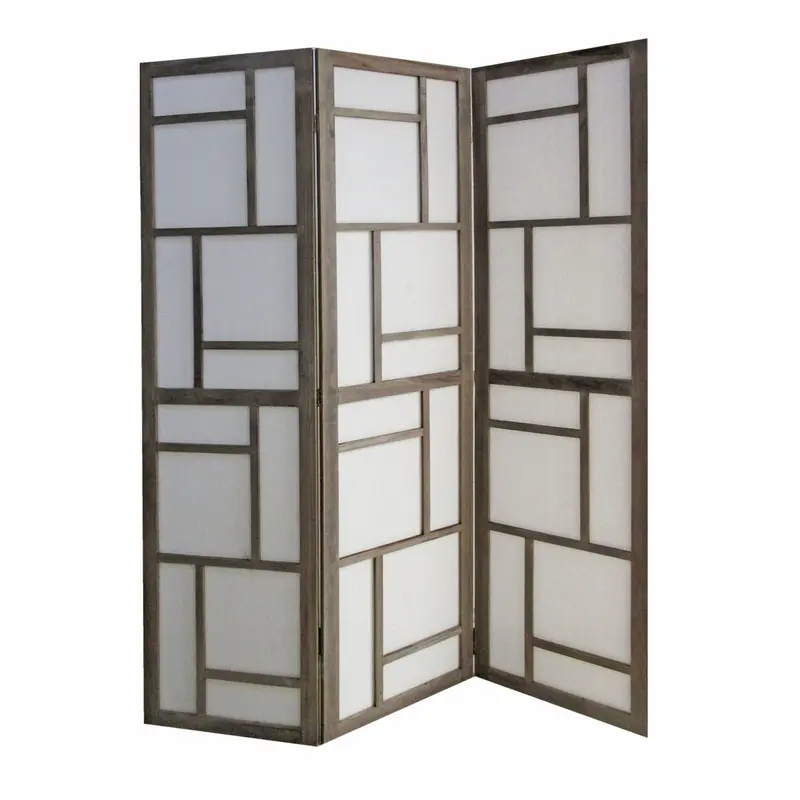 50-Inch Gray-and-White Wood-and-Fabric Three-Panel Folding Room Divider Screen