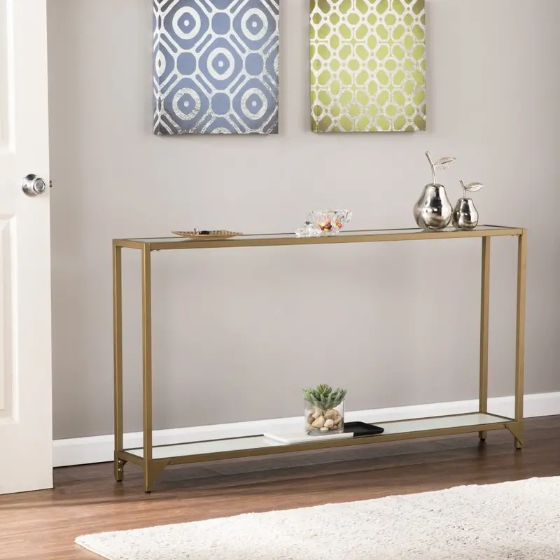 56-Inch Clear Glass and Gold Mirrored Console Table with Open Shelving