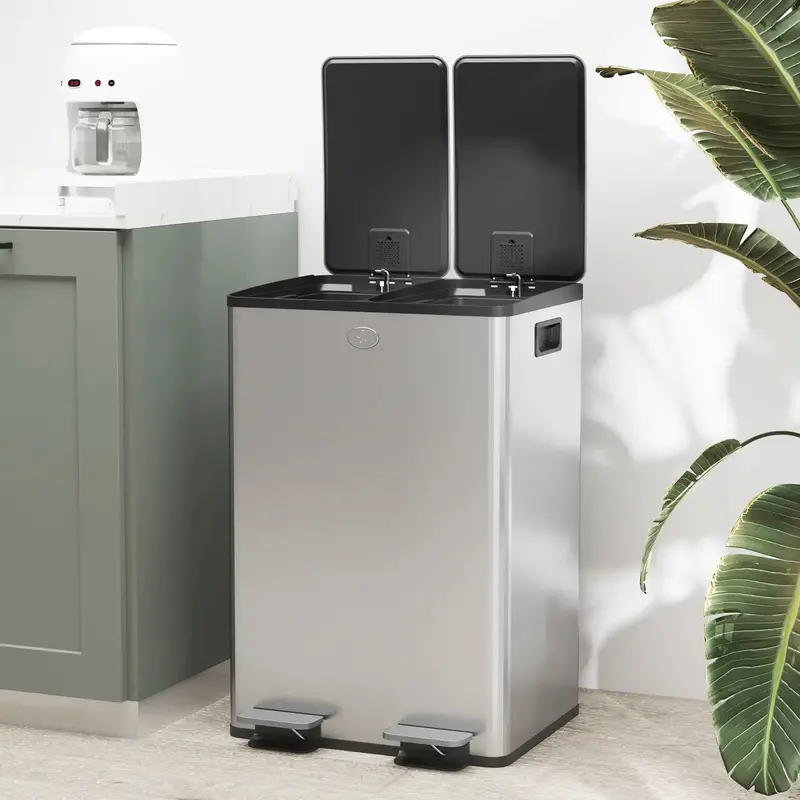 56L Stainless Steel Dual-Compartment Kitchen Bin | Two 28L Sections with Odor-Control Holders by HOMCOM