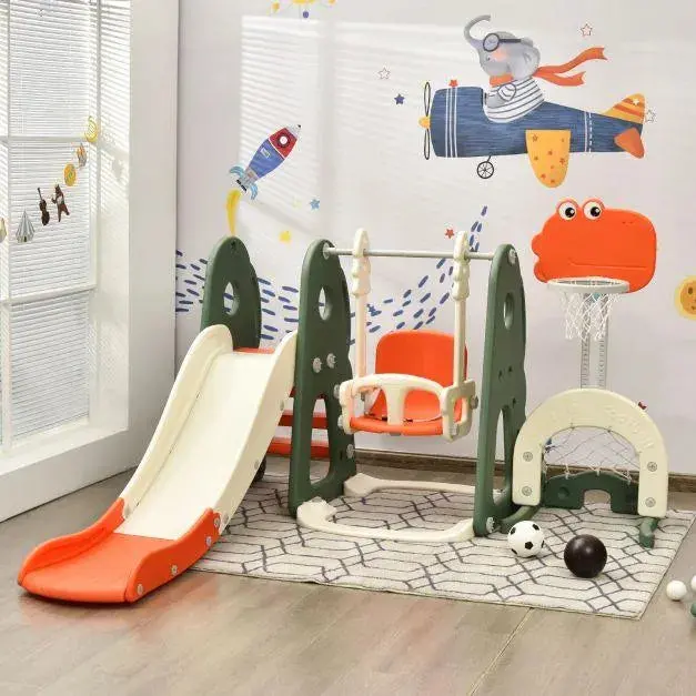 6-in-1 Home Playground Set – Orange Slide & Swing Combo with Basketball Hoop and Golf Target