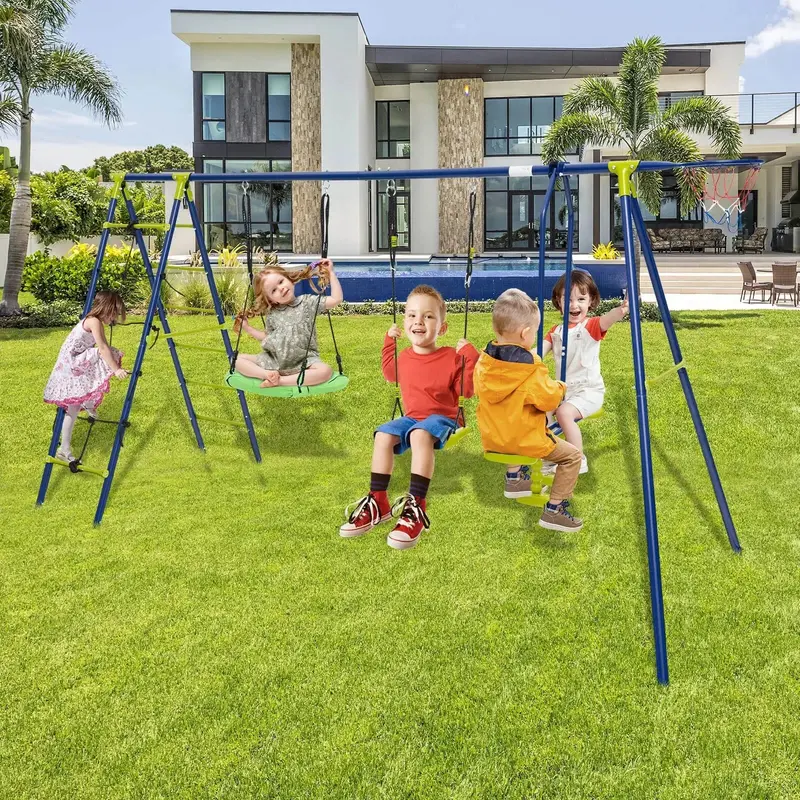 6-in-1 Outdoor Swing Set for Kids – Includes Saucer Swing, Belt Swing, Climbing Net & More | COSTWAY