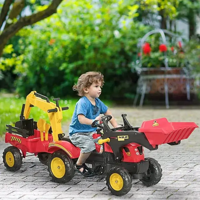 6-Wheel Yellow Pedal Tractor Ride-On with Front Bucket: Steel-Frame Go-Kart Style Vehicle for Kids | HOMCOM