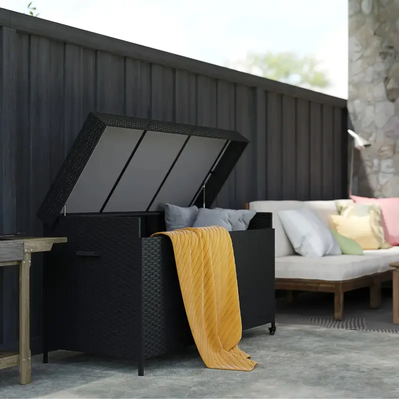 627L Black Garden Storage Box | Rattan-Effect Outdoor Cushion Bin with Gas-Strut Lid by OUTSUNNY