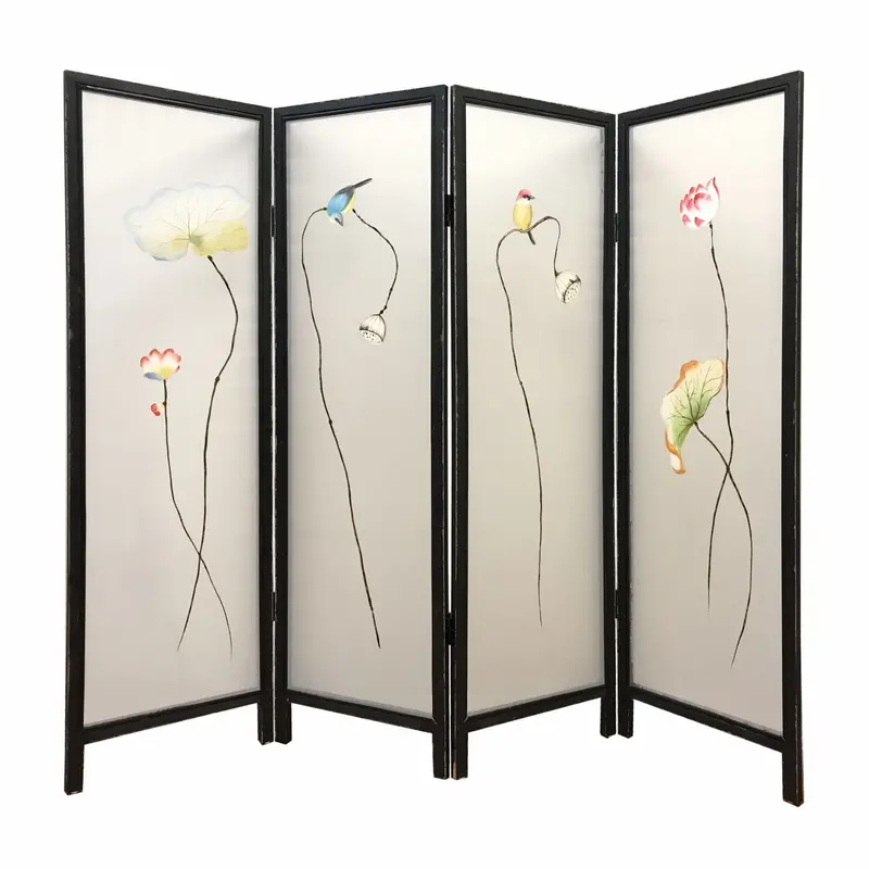 63-Inch Black-and-White Fabric Four-Panel Folding Room Divider Screen