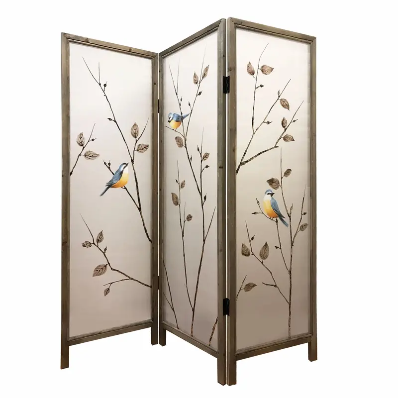 63-Inch Brown Fabric-and-Wood Three-Panel Folding Screen Divider