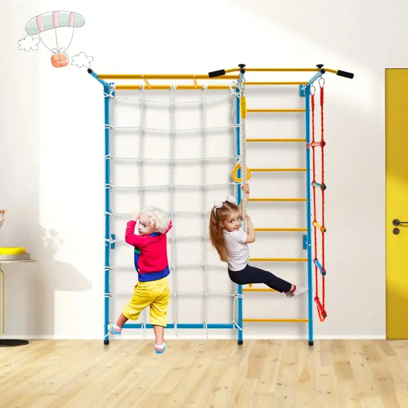 7-in-1 Indoor Climbing Gym for Kids – Wall-Mounted Jungle Play Set with Ladder, Monkey Bars & Rope Course by COSTWAY