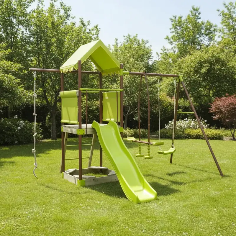 7-in-1 Outdoor Play Structure for Children | Covered Fort, Rope Climb & Integrated Activities (Green) by COSTWAY