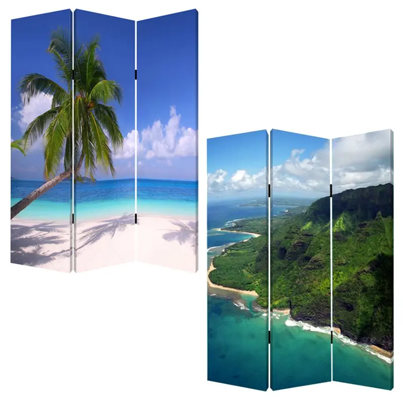 72-Inch Teal-and-Kelly Green Canvas Three-Panel Folding Screen