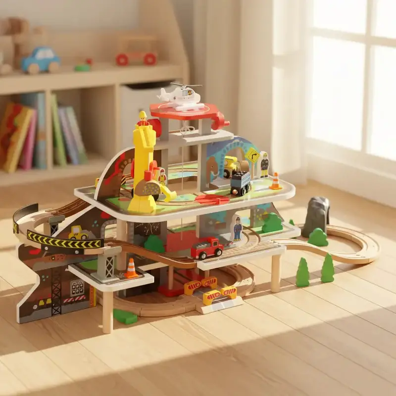 79-Piece Mine-Themed Wooden Train Set – Includes Manual Lift, Crane, Helipad & Adventure Tracks | AIYAPLAY