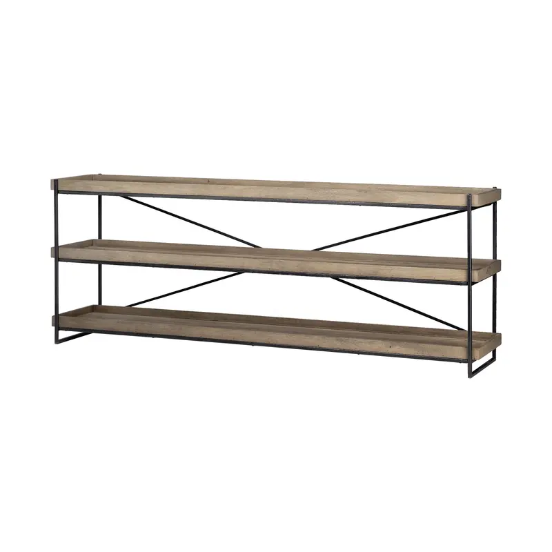 80-Inch Light Brown and Black Wood-and-Iron Console Table with Dual Shelves