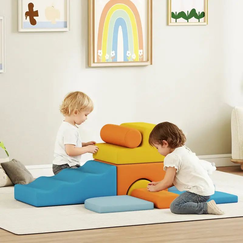 9-Piece Multicolour Soft Play Foam Block Set for Toddlers – Velour-Finish Indoor Activity Kit by AIYAPLAY