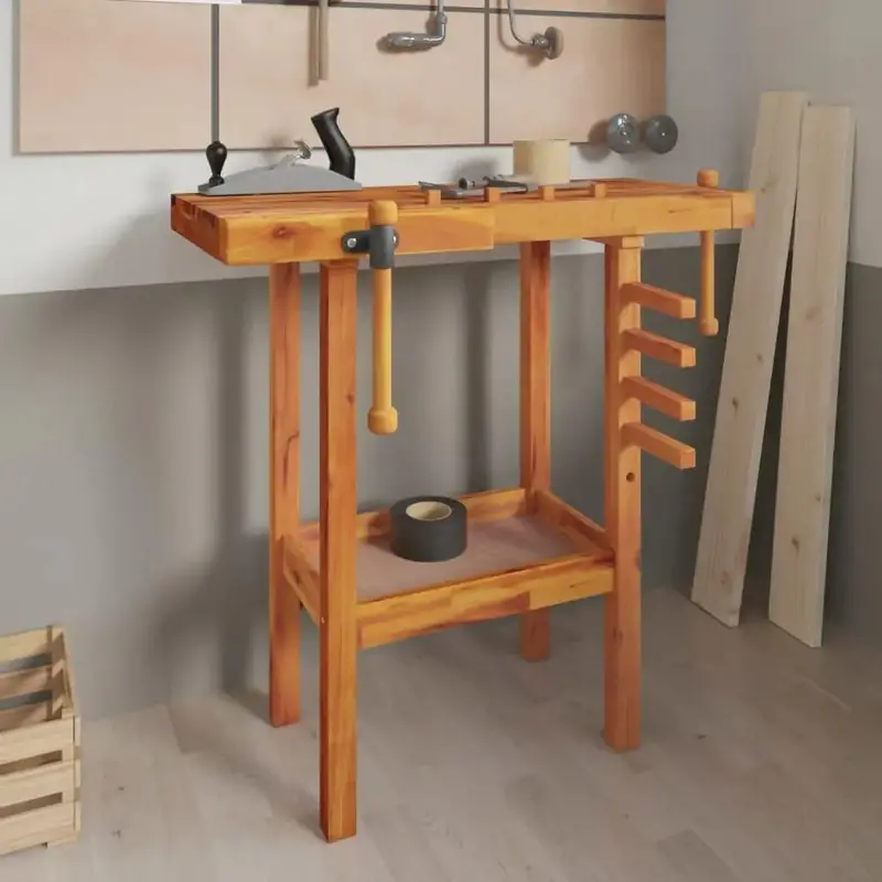 Acacia Wood Workbench with Shelf & Dual Vices – Heavy-Duty DIY Workstation | VIDAXL