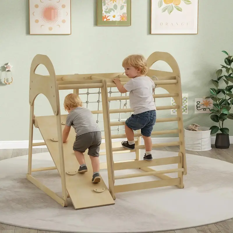 AIYAPLAY 6-in-1 Indoor Kids Climber – Modular Play System with Ladder, Rope Net, Rings, Bars & Slide