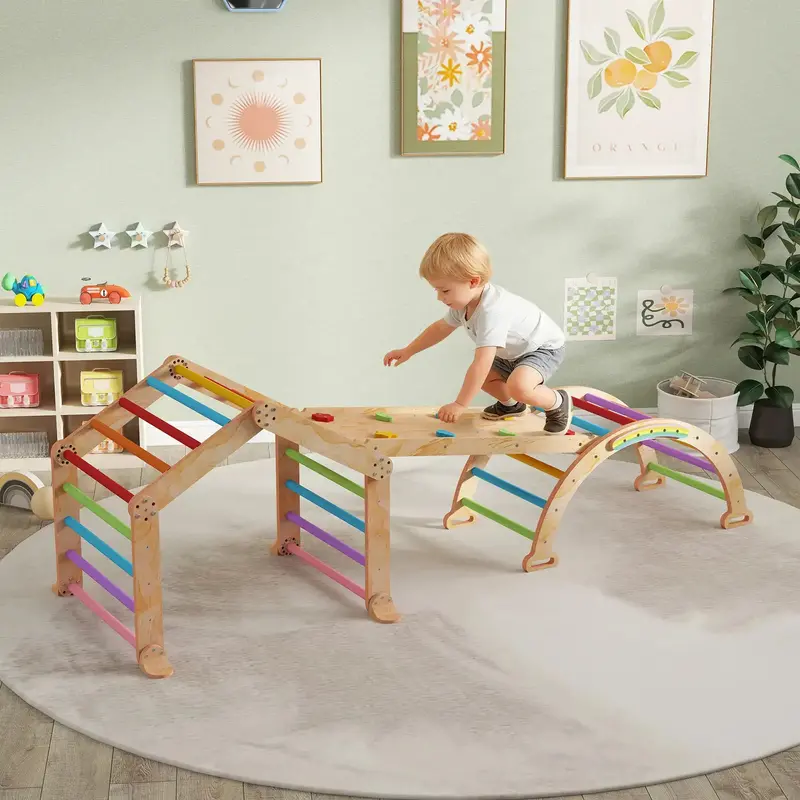 AIYAPLAY 9-in-1 Wooden Climber Set – Versatile Indoor Play Structure Featuring Ladder, Rocker, Slide & Chalkboard