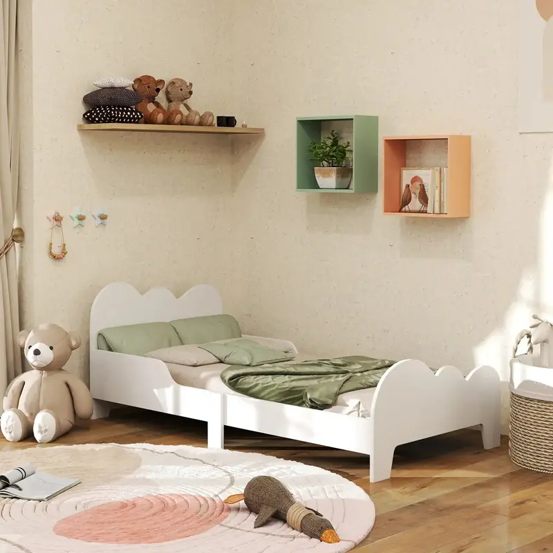 AIYAPLAY Cloud-Design Single Kids Bed – 143.5 x 74.5 cm Toddler Bed with Safety Rails