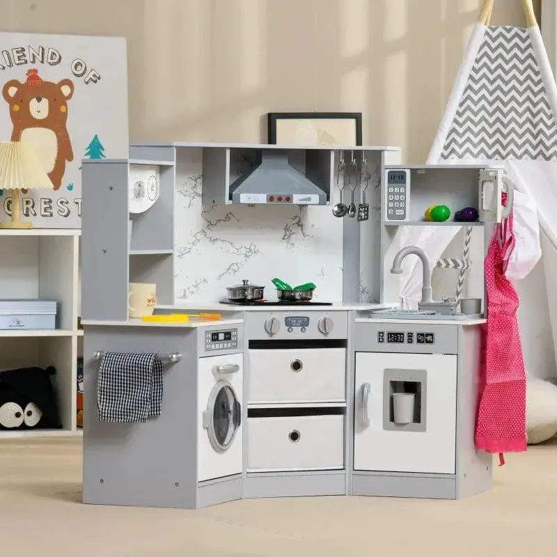 AIYAPLAY Grey & White Kids Kitchen Playset – Includes Chef Costume, Utensils, and Organized Storage Compartments
