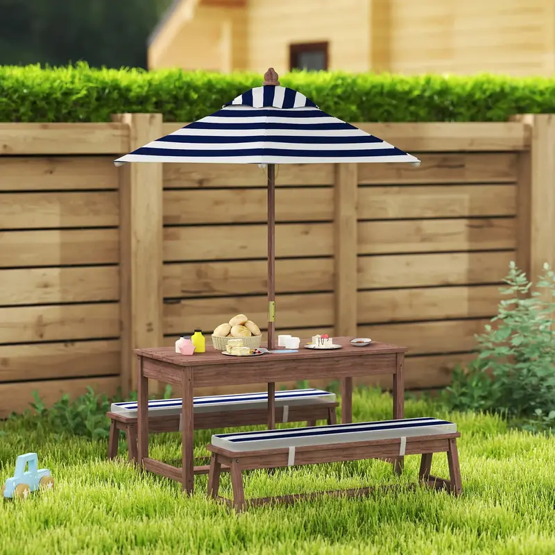 AIYAPLAY Kids Picnic Table Set with Umbrella – Wooden Garden Table and Bench for Children