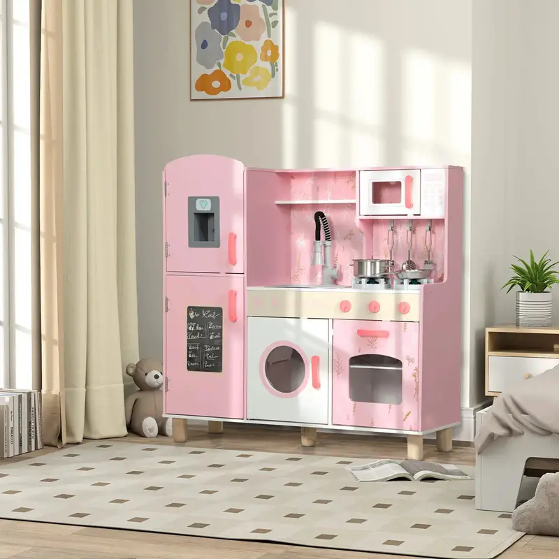 AIYAPLAY Pink Wooden Kids Kitchen Playset – Chalkboard Panel, Functional Sink & 5 Play Accessories