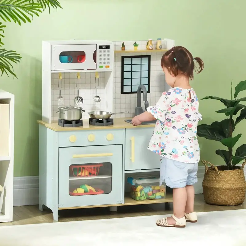 AIYAPLAY Wooden Play Kitchen – Blue & White, Stainless Steel Accessories & Microwave