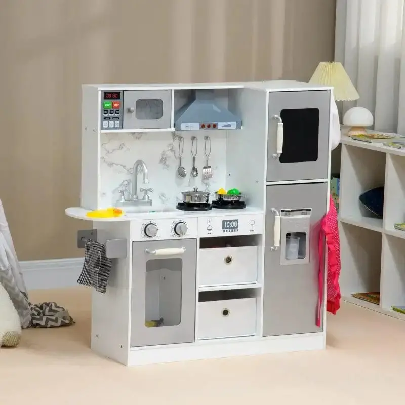AIYAPLAY Wooden Toy Kitchen Set – White & Silver Play Chef Station with Accessories and Built-In Storage