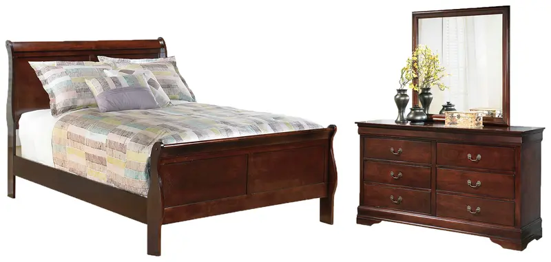 Alisdair Reddish Brown Full Sleigh Bed with Mirrored Dresser