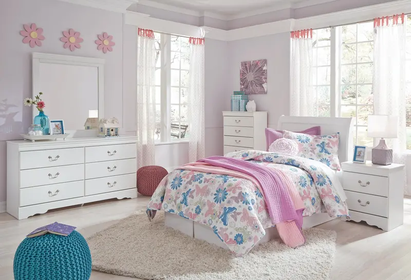 Anarasia White Twin Sleigh Bedroom Set: Headboard, Dresser, Mirror, Chest & Nightstand